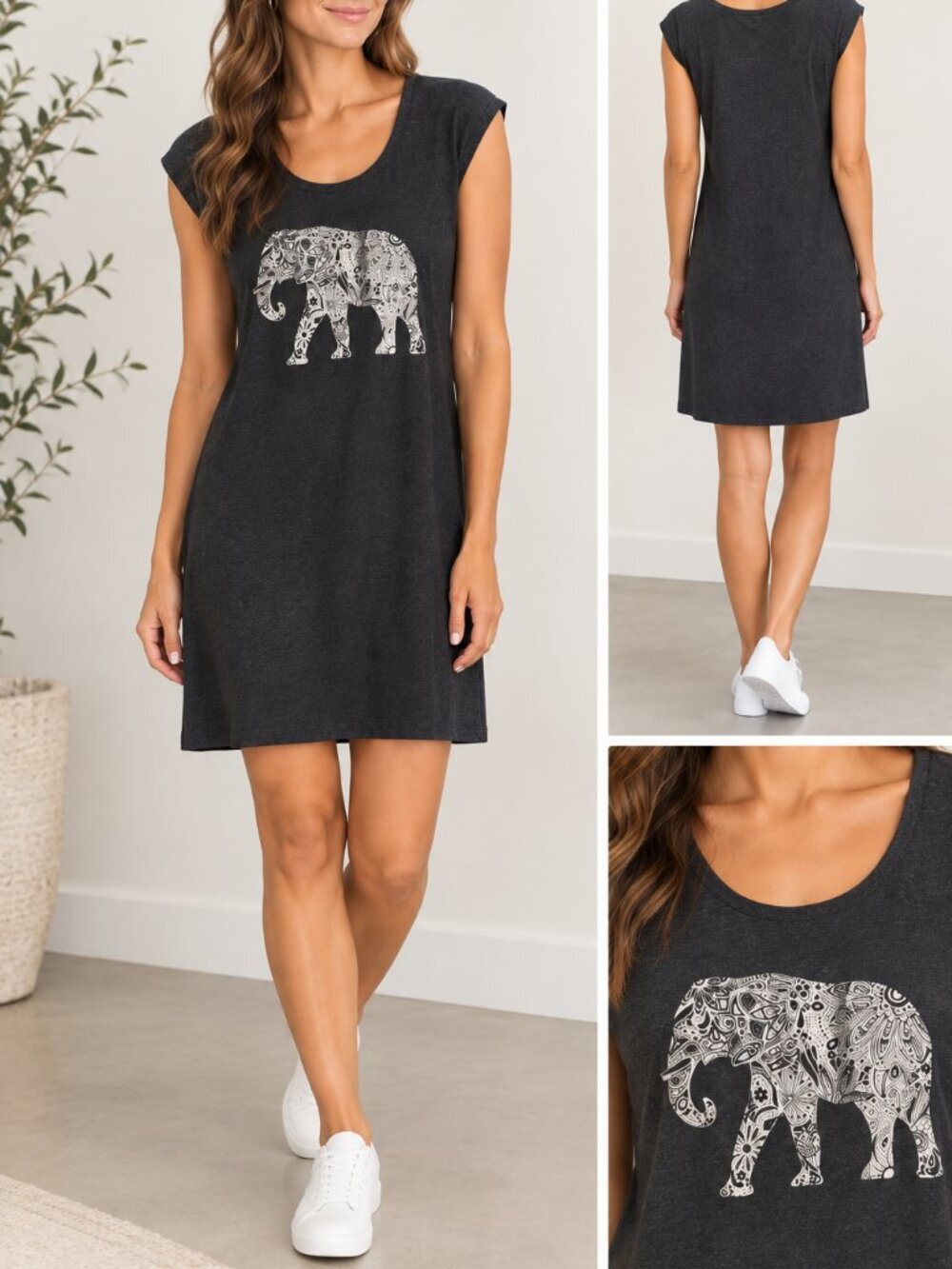 Gypsy Chic Elephant Graphic Mini Dress Gray T Shirt Dress Small Off Shoulder NEW